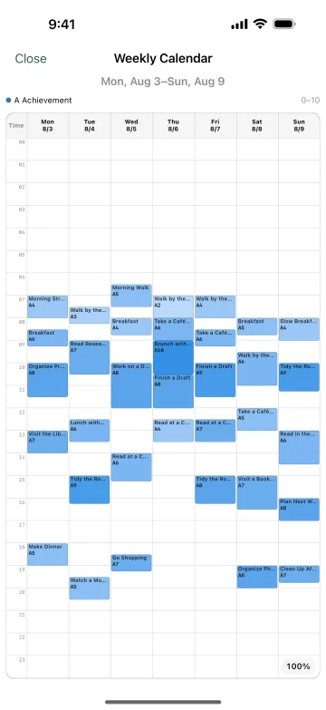 A weekly calendar showing records across a seven-day timetable